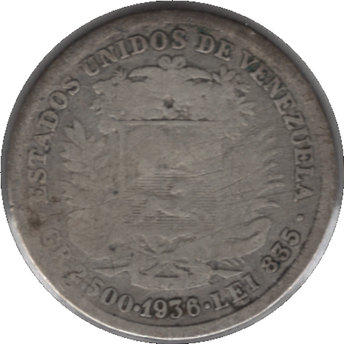 1936 Venezuela Half Bolivar Silver Coin (Y# 21, NCV# mv0.5bs-aa)