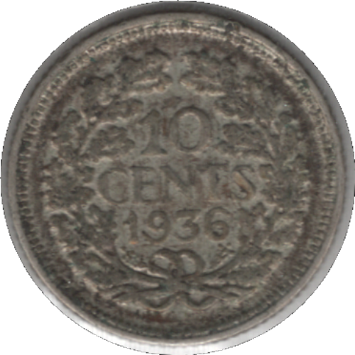 1936 Netherlands 10 Cents Silver Coin (KM# 163, Schn# 43)