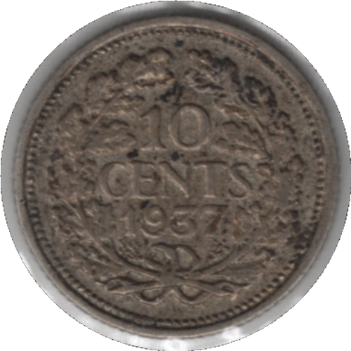 1937 Netherlands 10 Cents Silver Coin (KM# 163, Schn# 43)