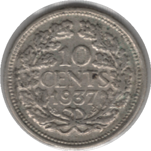 1937 Netherlands 10 Cents Silver Coin (KM# 163, Schn# 43)