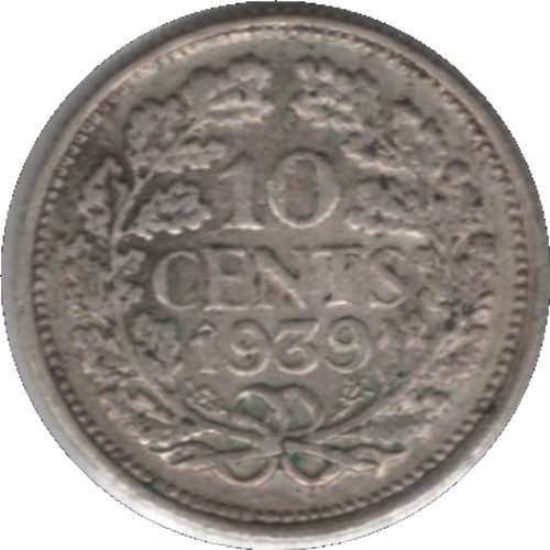 1939 Netherlands 10 Cents Silver Coin (KM# 163, Schn# 43)