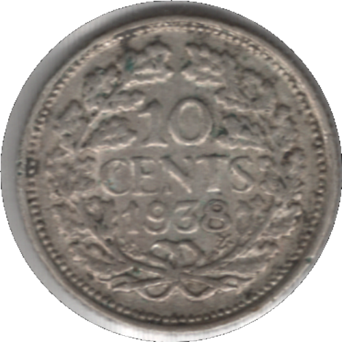 1938 Netherlands 10 Cents Silver Coin (KM# 163, Schn# 43)
