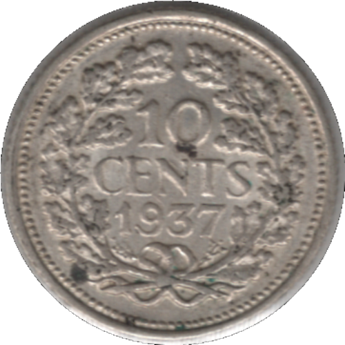1937 Netherlands 10 Cents Silver Coin (KM# 163, Schn# 43)