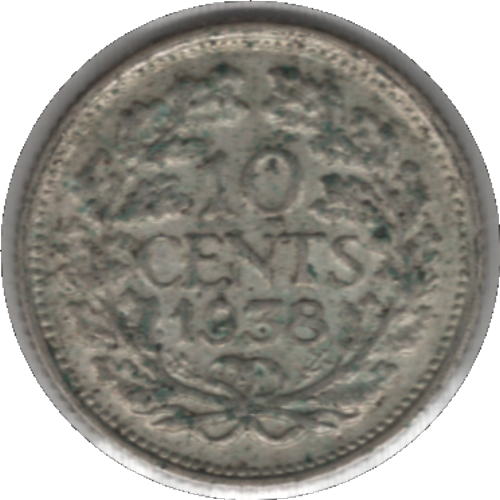 1938 Netherlands 10 Cents Silver Coin (KM# 163, Schn# 43)