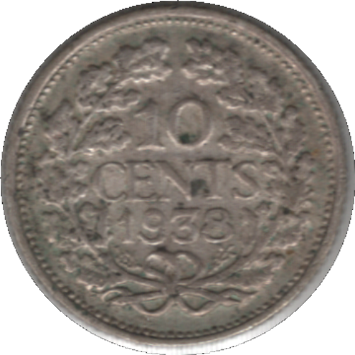 1938 Netherlands 10 Cents Silver Coin (KM# 163, Schn# 43)