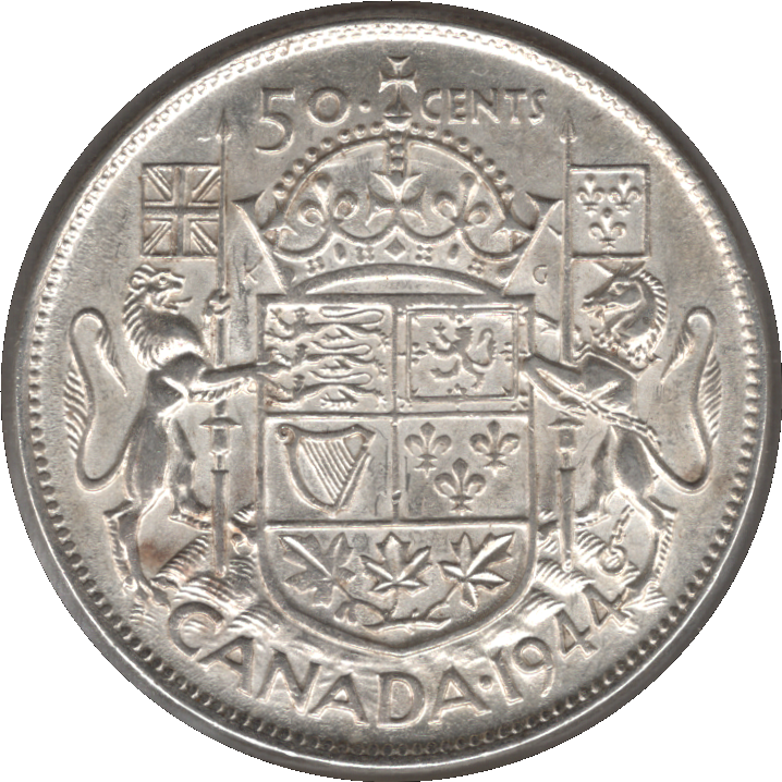 1944 Canada 50 Cents Silver Coin, Narrow Date (KM# 36, Schn# 36)