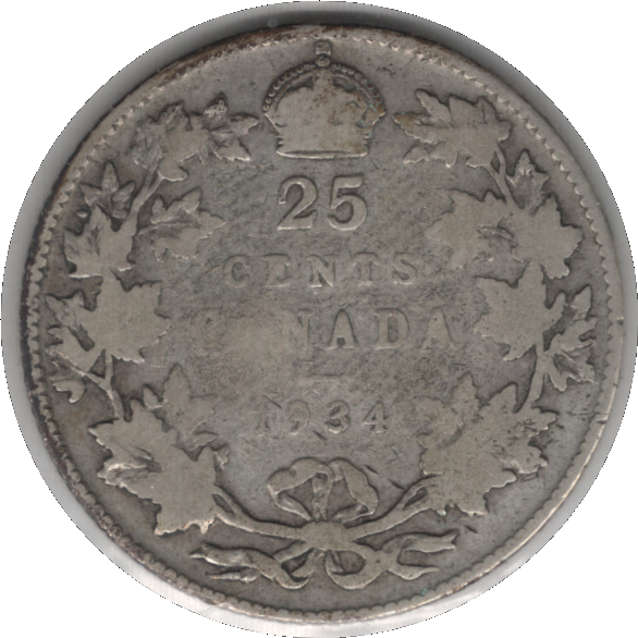 1934 Canada 25 Cents Silver Coin (KM# 24a, Schn# 22a)