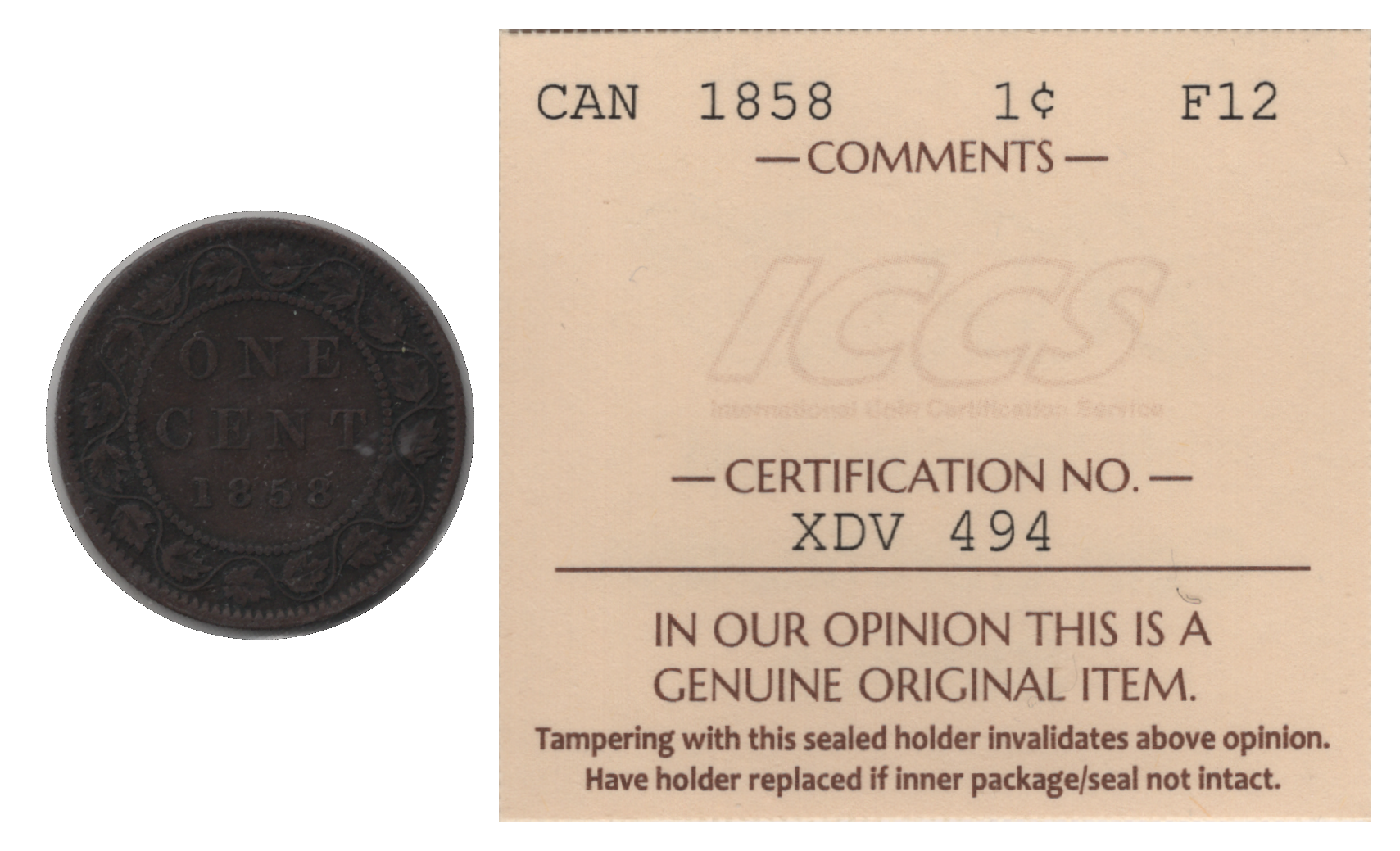 1858 Canada 1 Cent Provincial Issue Key Date ICCS F12 (KM#1, Kahnt/Schön#1)